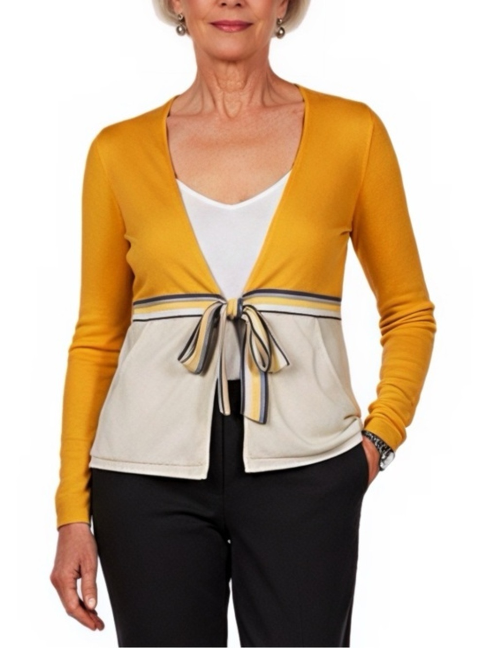 Escada | Tie Front Athletic Cardigan Yellow and Cream Women's Sweater